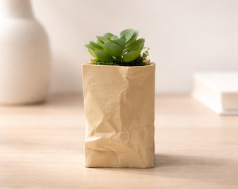 Paper Bag Planter, 3D Printed Planter, Unique Succulent Pot, Modern Desk Decor, Minimalist Indoor Planter, Neutral Home Decor Gift