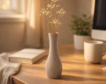 Minimalist Bud Vase 3D Printed, Small Modern Ribbed Vase, Single Stem Vase, Desk Decor, Neutral Home Decor, Gift for Her, Office Decor