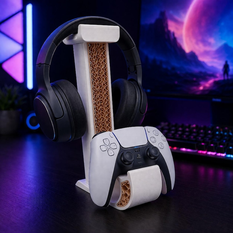 Gaming Headset Stand with Controller Holder, 3D Printed Desk Organizer, PS5 Xbox Headphone Stand, Gamer Setup Accessories Gift image 5
