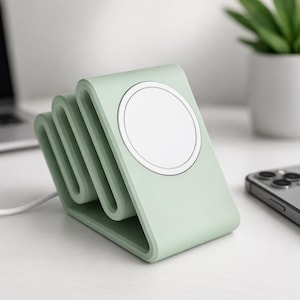 May include: A mint green wireless charging stand with a white circular charging pad. The stand has a unique, wavy design and is on a white surface. A white charging cable is connected to the stand.