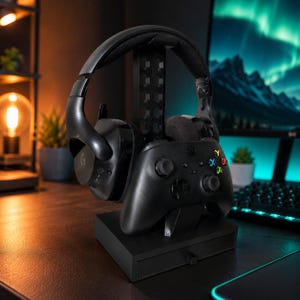 May include: Black gaming headset and controller stand. The stand holds a black headset and a black controller with colorful buttons. The stand has a small drawer at the base. The background includes a computer monitor and keyboard.