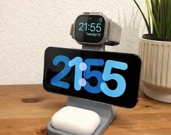 iPhone & Apple Watch Charging Stand, 3D Printed Dock, Minimalist Desk Organizer, MagSafe Compatible Holder, Office Setup Gift