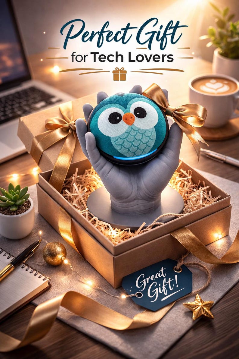 May include: A teal owl-shaped tech gadget is presented in a gift box with a gold ribbon. The box is on a table with a laptop, coffee, and a succulent. The text "Perfect Gift for Tech Lovers" is at the top, and "Great Gift!" is on a tag.