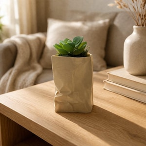 Puede incluir: Una pequeña maceta de cerámica beige con forma de bolsa de papel arrugada, que contiene una suculenta verde vibrante. La maceta está sobre una mesa de madera, con un sofá de tonos neutros y un jarrón decorativo en el fondo.