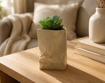 Crumpled Paper Bag Planter , 3D Printed Optical Illusion Pot , Unique Succulent Planter , Modern Minimalist Decor , Funny Desk Plant Gift