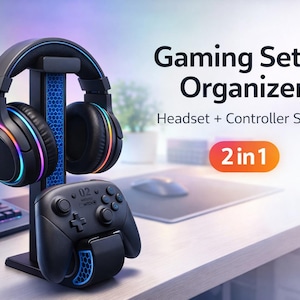 Gaming Headset Stand with Controller Holder, 3D Printed Desk Organizer, PS5 Xbox Headphone Stand, Gamer Setup Accessories Gift image 2