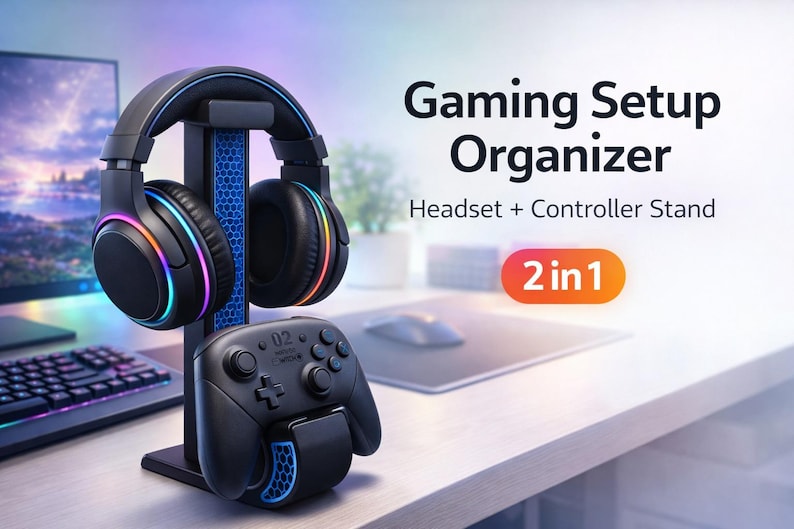 Gaming Headset Stand with Controller Holder, 3D Printed Desk Organizer, PS5 Xbox Headphone Stand, Gamer Setup Accessories Gift image 2