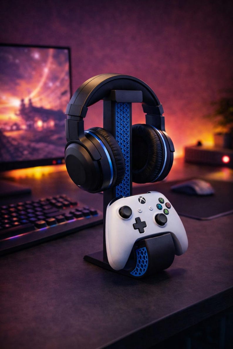 Gaming Headset Stand with Controller Holder, 3D Printed Desk Organizer, PS5 Xbox Headphone Stand, Gamer Setup Accessories Gift image 6