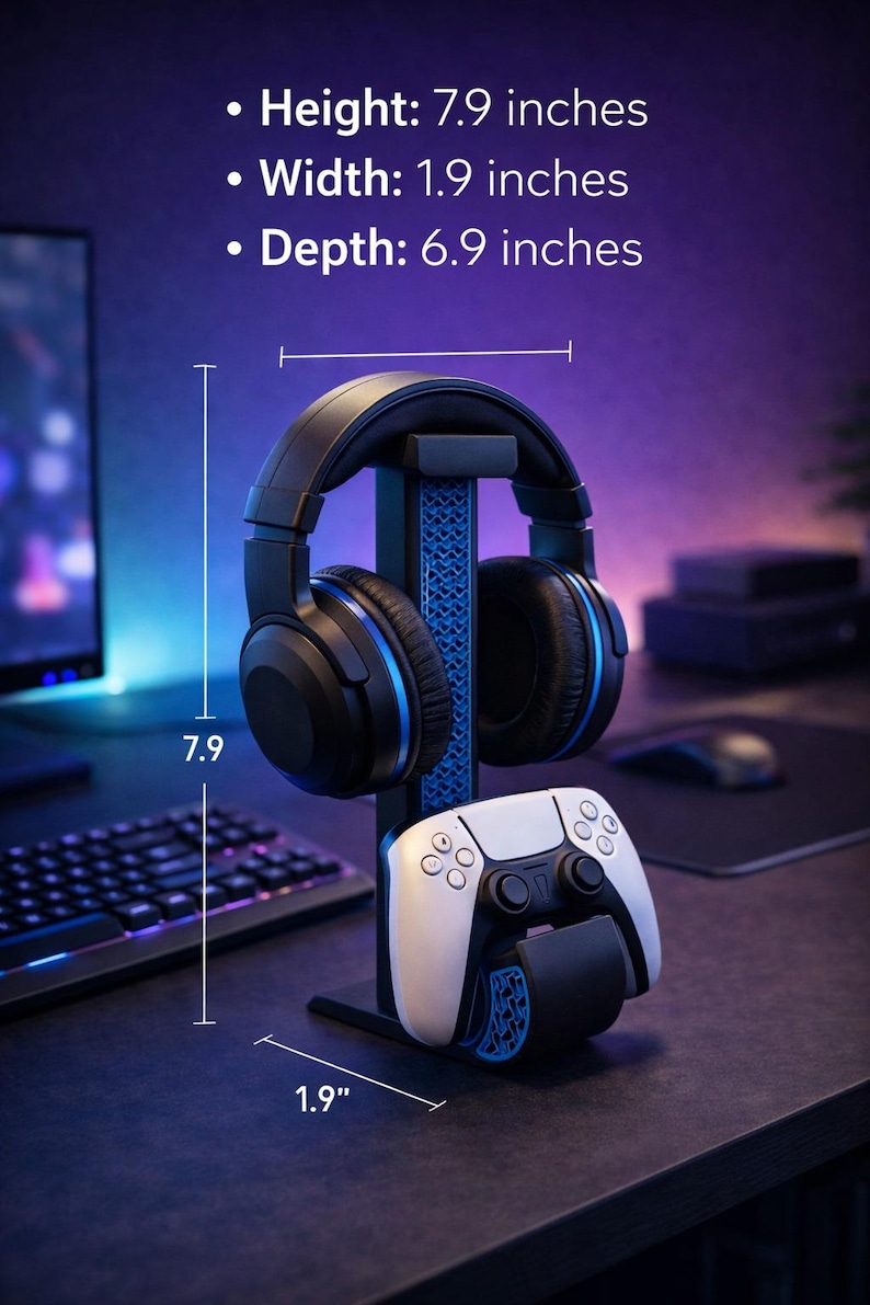 Gaming Headset Stand with Controller Holder, 3D Printed Desk Organizer, PS5 Xbox Headphone Stand, Gamer Setup Accessories Gift image 3
