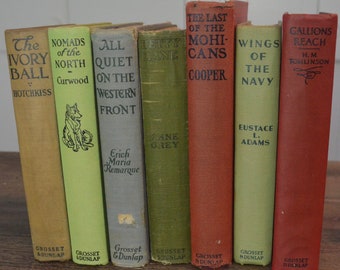 Stack of Seven Grosset and Dunlap Classics, (1903-1936) s/7 including Last of the Mohicans and Zane Grey, Vintage Books with Earth Tones