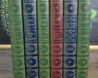 Children Book Set, s/6, J. J. Little and Ives Co, 1941-1952, Including Tom Sawyer, Moby Dick, Robin Hood, Bright colored spines, Classics