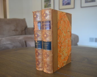 Two Volumes in an Antique History Set, Prescott's Works, Conquest of Peru, Conquest of Mexico, 1873, Orange Marble covers