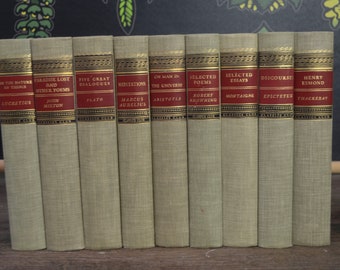 Nine volumes of Mid-century, Vintage, Book Series. Classics Club. 1942-1946. Beige, Red, and Gold, Plato, Milton, Aristotle and More