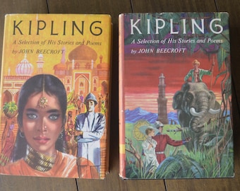 Kipling: A Selection of His Stories and Poems by John Beecroft, Volume 1 and 2, Doubleday Book Club 1956 -- Midcentury, Vivid Book Cover