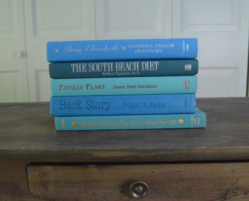 Seaside Stack Modern Vintage Books, s/5, Blue and Green books, 1987-2009, Decoration, Book Shelf Bling, Book Decor, Instant Collection image 3