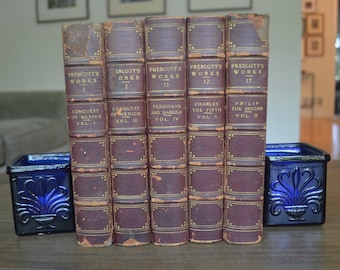 Five antique red leather-bound books, The Works of William H. Prescott, Limited Edition, The Montezuma Edition, 1904, History