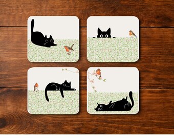 Playful Cat Coasters – Cute Cat Illustration Acrylic Coasters, Single or Set of 4 or 6, Cozy Cat Lover Home Decor Gift