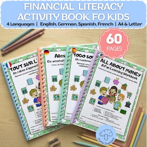 May include: A set of four spiral-bound activity books for kids, each with a different cover design and title in English, German, Spanish, and French. The books are designed to teach financial literacy, with the title "All About Money" on one cover. The image also includes colored pencils.