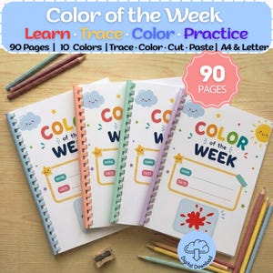 May include: Three spiral-bound activity books titled Color of the Week with 90 pages, 10 colors, and trace, color, cut, and paste activities. The covers feature clouds, stars, a sun, and fields for name and date, accompanied by colored pencils.