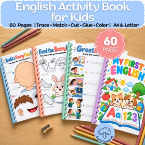 May include: A set of four spiral-bound English activity books for kids featuring 60 pages of tracing, matching, cutting, gluing, and coloring exercises. The covers display colorful illustrations, text, and educational themes including faces, animals, and greetings.