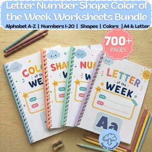 May include: A bundle of educational worksheets featuring Letter, Number, Shape, and Color of the Week themes. The spiral-bound booklets include 700+ pages with colorful graphics of clouds and stars, plus name and date fields. Includes colored pencils.
