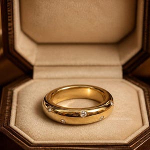 Puede incluir: Un anillo de oro con pequeñas piedras claras engastadas en la banda, presentado en un joyero de madera oscura con interior beige. El anillo es el punto focal, reflejando la luz contra un fondo dorado suave.