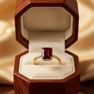 Puede incluir: Un anillo de oro con una gran gema rectangular de color rojo intenso, presentado en un joyero octogonal de madera abierto con interior color crema. El joyero se encuentra sobre un fondo dorado suave.