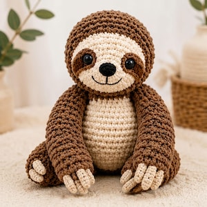 May include: A handmade crochet sloth toy in shades of brown and cream. The sloth has a round head with a cream-colored face and a black nose and eyes. Its body is a light cream color, and it has brown arms and legs.