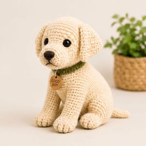 Può includere: Una statuetta di cucciolo all'uncinetto color crema con occhi in plastica nera e naso marrone scuro. Il cucciolo indossa un collare verde oliva testurizzato con una targhetta rotonda in legno incisa con il testo GOOD BOY in maiuscolo nero.