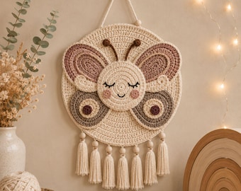 Crochet Butterfly Face Wall Hanging, Boho Fiber Art Decor, Neutral Butterfly Wall Art, Modern Crochet Wall Decor,Handmade Home Accent