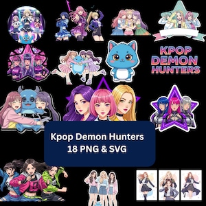 May include: A collection of K-pop-themed digital graphics, including illustrations of anime-style female characters, a blue cat, and star-shaped designs. The text "Kpop Demon Hunters 18 PNG & SVG" is displayed on a dark blue rectangle.