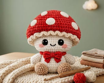 Kawaii Mushroom Crochet Pattern PDF, Amigurumi Mushroom Plushie, Cottagecore Bow Tie Toadstool, No Sew Beginner Friendly Cute Stuffed Toy