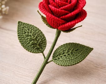 Crochet Rose Flower Pattern PDF, Realistic Long Stem Rose with Leaf, Beginner Friendly Crochet Flower Tutorial, DIY Gift, Bouquet Decor