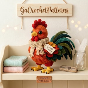 Könnte beinhalten: Ein handgehäkelter Hahn in Orange, Rot, Grün und Gelb, mit Schal und einem Anhänger mit der Aufschrift "Cuddle Buddy". Der Hahn steht auf einem Regal mit einem Schild "GaCrochetPatterns".