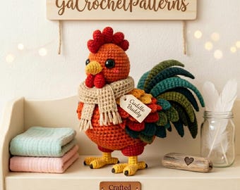 Rooster Crochet Pattern PDF | Colorful Amigurumi Chicken with Scarf | Farmhouse Decor Gift
