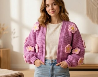 Lucky Flower Cardigan Crochet Pattern PDF, Puff Flower Cardigan Pattern, Fluffy Floral Sweater Crochet Tutorial, DIY Crochet Jacket