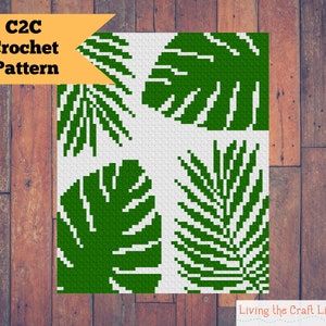 May include: C2C Crochet Pattern featuring a green tropical leaf design on a white background.