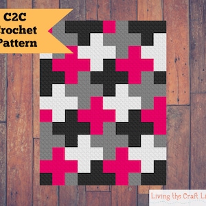 May include: C2C Crochet Pattern with a colorful design featuring pink, white, black, and gray squares.