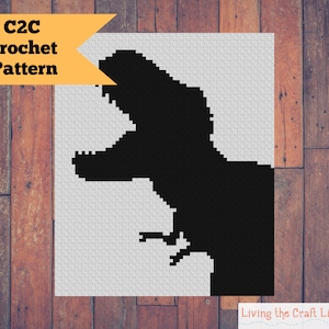 Könnte beinhalten: C2C Häkelmuster für eine schwarze Silhouette eines Dinosauriers, mit dem Text "C2C Crochet Pattern" oben im Bild.