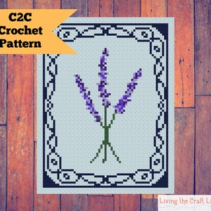 May include: C2C Crochet Pattern for a lavender flower with a black and white border. The flower is purple and green.
