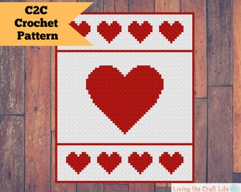 Cobertor Hearts C2C - Canto a Canto - Graphghan - Padrão e Gráfico de Crochê Escrito - Download Instantâneo