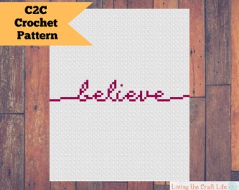 Acredite Caligrafia C2C Throw Blanket - Canto a Canto - Graphghan - Padrão de Crochê Escrito e Gráfico - Download Instantâneo