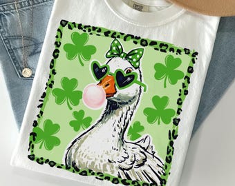 Leopard St Patrick's Day Silly Irish Goose Comfort Colors Shirt, Four Leaf Clover T-Shirt Cute Lucky Animal Women's Shenanigans Tee for Her