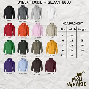 May include: A selection of unisex hoodies in various colors, including black, red, and purple. The image displays the Gildan 18500 model, with a size chart showing measurements in inches. The hoodies are available in sizes S to 2XL.