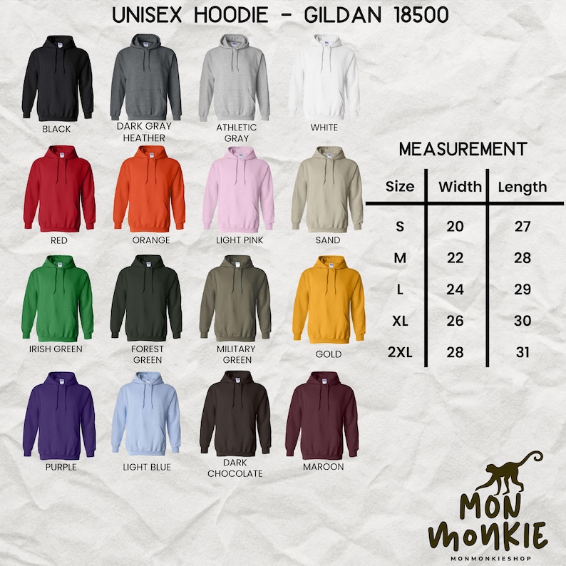 May include: A selection of unisex hoodies in various colors, including black, red, and purple. The image displays the Gildan 18500 model, with a size chart showing measurements in inches. The hoodies are available in sizes S to 2XL.