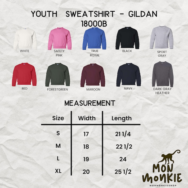 May include: A product image showcasing a variety of Gildan 18000B youth sweatshirts in various colors, including white, pink, blue, black, and gray. The image also includes a size chart with measurements in inches.