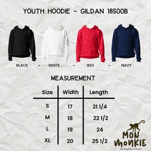 May include: Youth hoodies in black, white, red, and navy blue are displayed. The image includes a measurement chart with sizes S to XL, detailing width and length in inches. The text reads "YOUTH HOODIE - GILDAN 18500B".