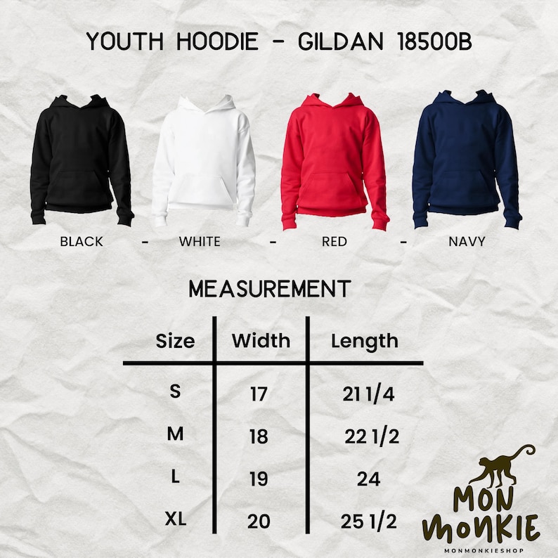 May include: Youth hoodies in black, white, red, and navy blue are displayed. The image includes a measurement chart with sizes S to XL, detailing width and length in inches. The text reads "YOUTH HOODIE - GILDAN 18500B".