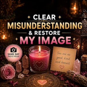 May include: A pink candle in a glass jar with a heart icon, surrounded by rose quartz crystals, a rose, and a note reading See me as good, kind and honest. Text above reads CLEAR MISUNDERSTANDING & RESTORE MY IMAGE with a SAME DAY PHOTO PROOF badge.