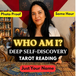 May include: A person holding two tarot cards with a black sign featuring yellow text that reads WHO AM I? DEEP SELF-DISCOVERY TAROT READING and a red button that says Just Your Name. Yellow labels above read Photo Proof and Same Hour.